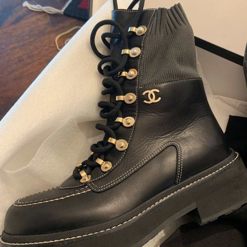 SOLD   CHANEL Leather Knit CC Logo Lace Up Combat Ankle Boots